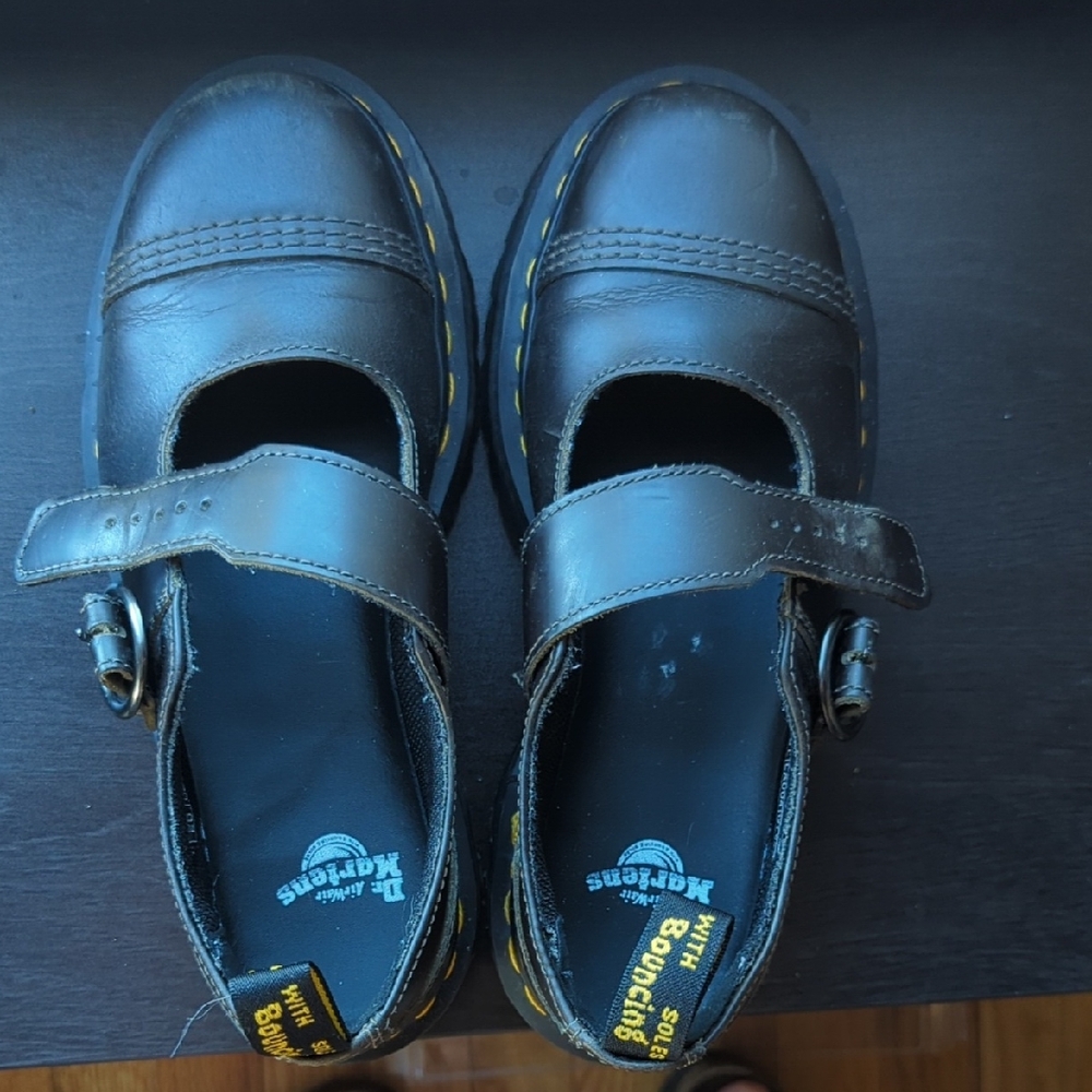 Dr. Martens Brown Mary Jane Strap Shoes with Yellow Stitching